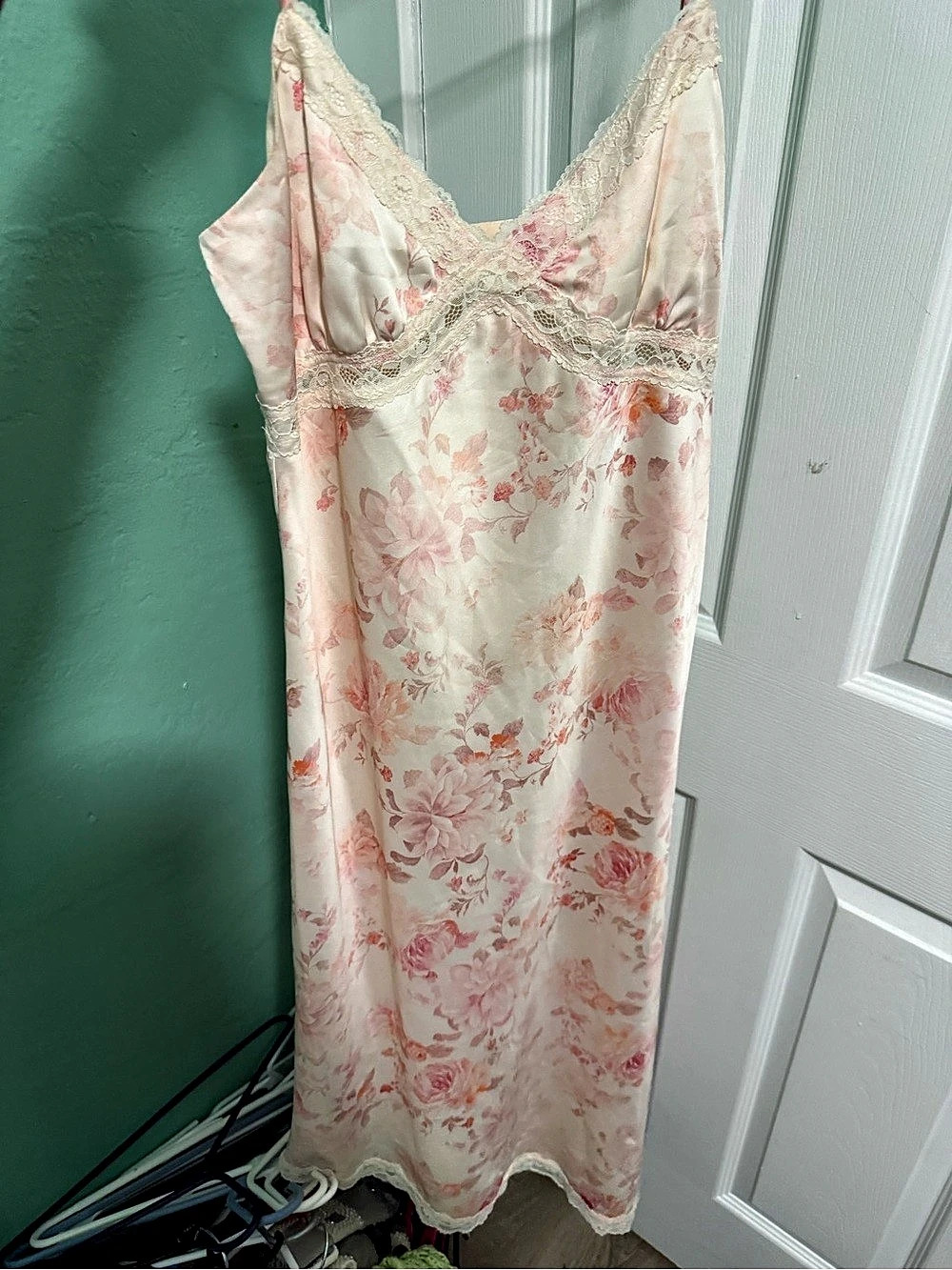 WAYF Mary Lace Trim Slip Dress Floral Pink & Cream